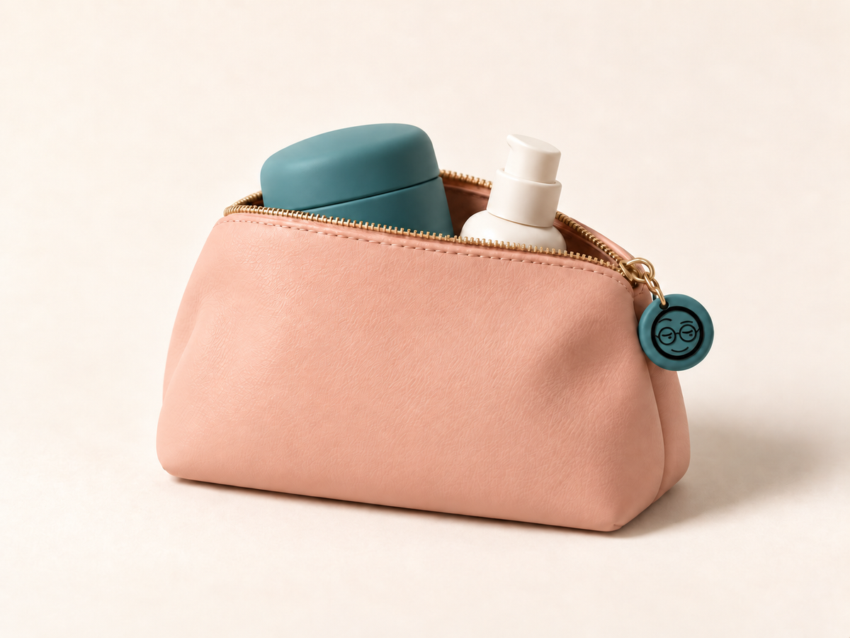 Peach pouch holding a teal personal wellness cup and ivory lubricant bottle, with the Another Toy Shop logo on its teal zipper charm.