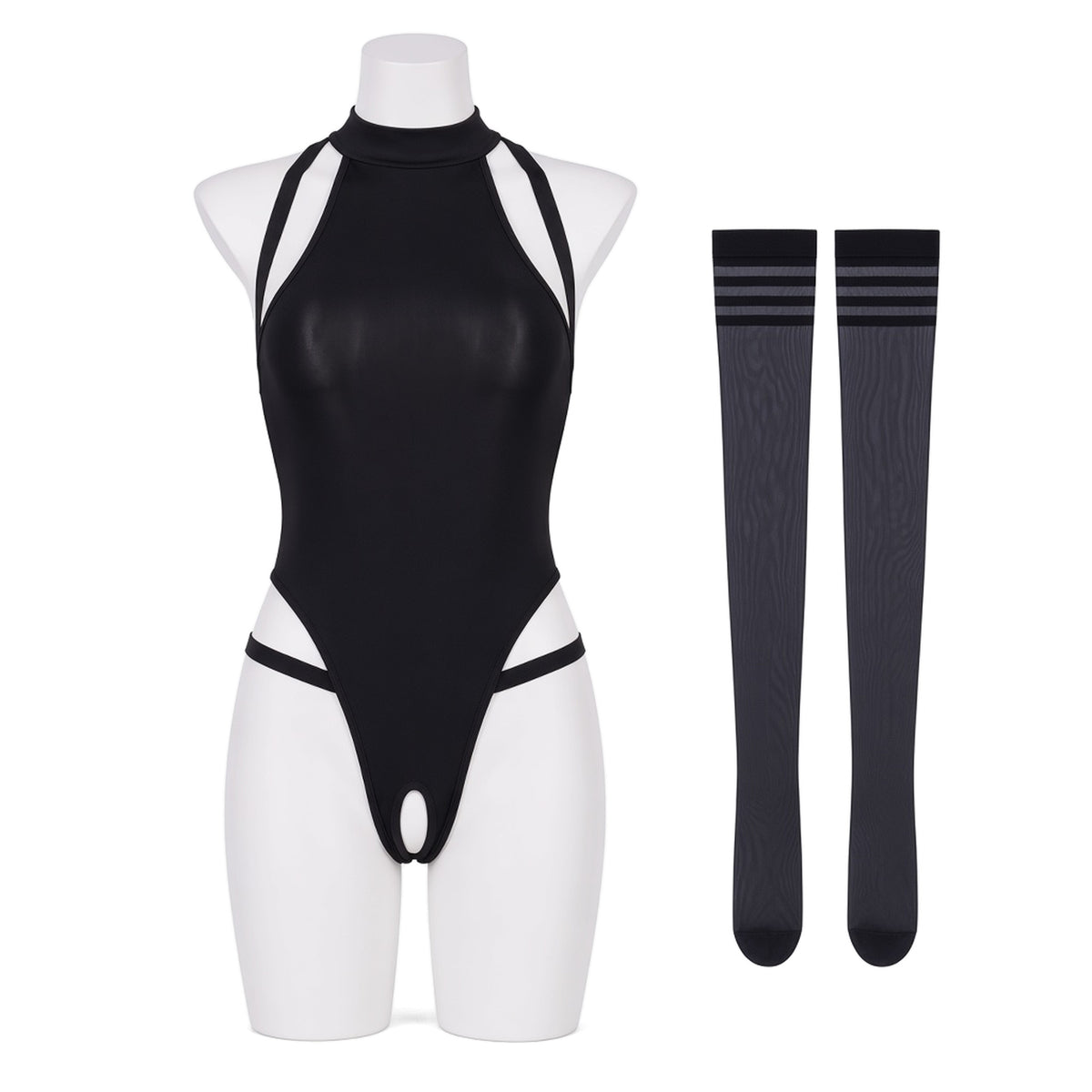 Buttoned Up Teddy Set in black, front view