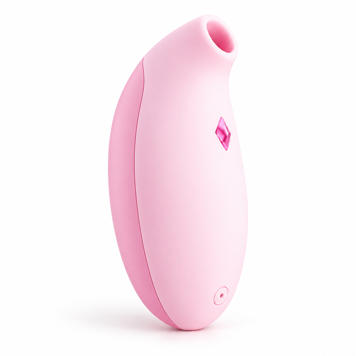Chirpy Suction Massager in peach pink silicone, on white