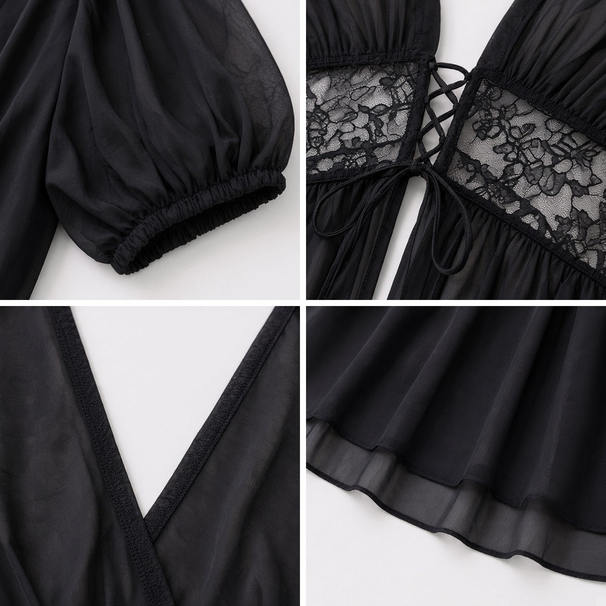 Double Take Babydoll in sheer black chiffon, detail view