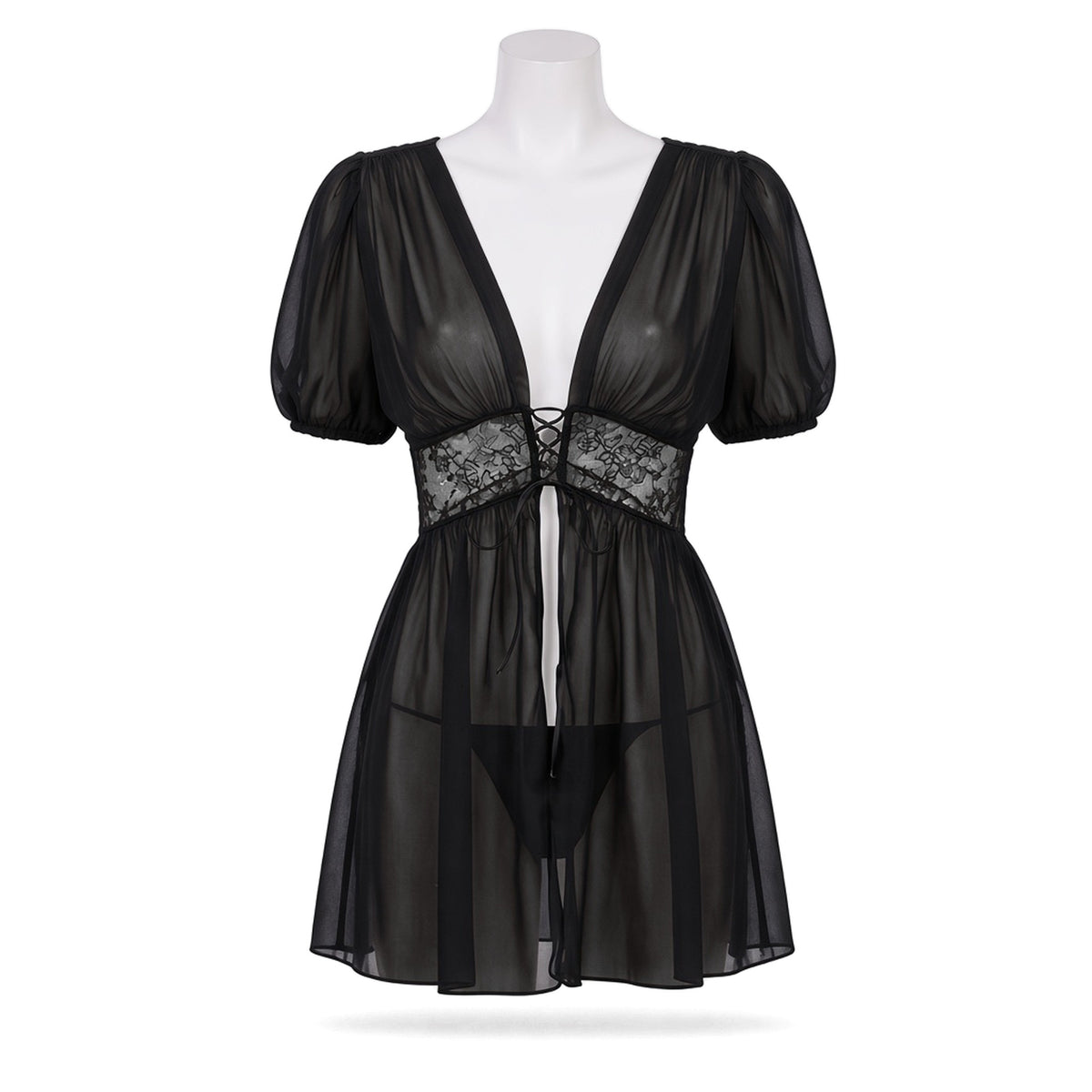 Double Take Babydoll in sheer black chiffon, front view