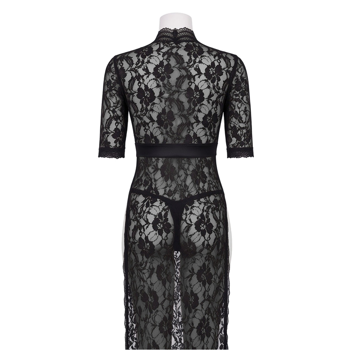 Fashionably Late Lace Gown in black lace, back view