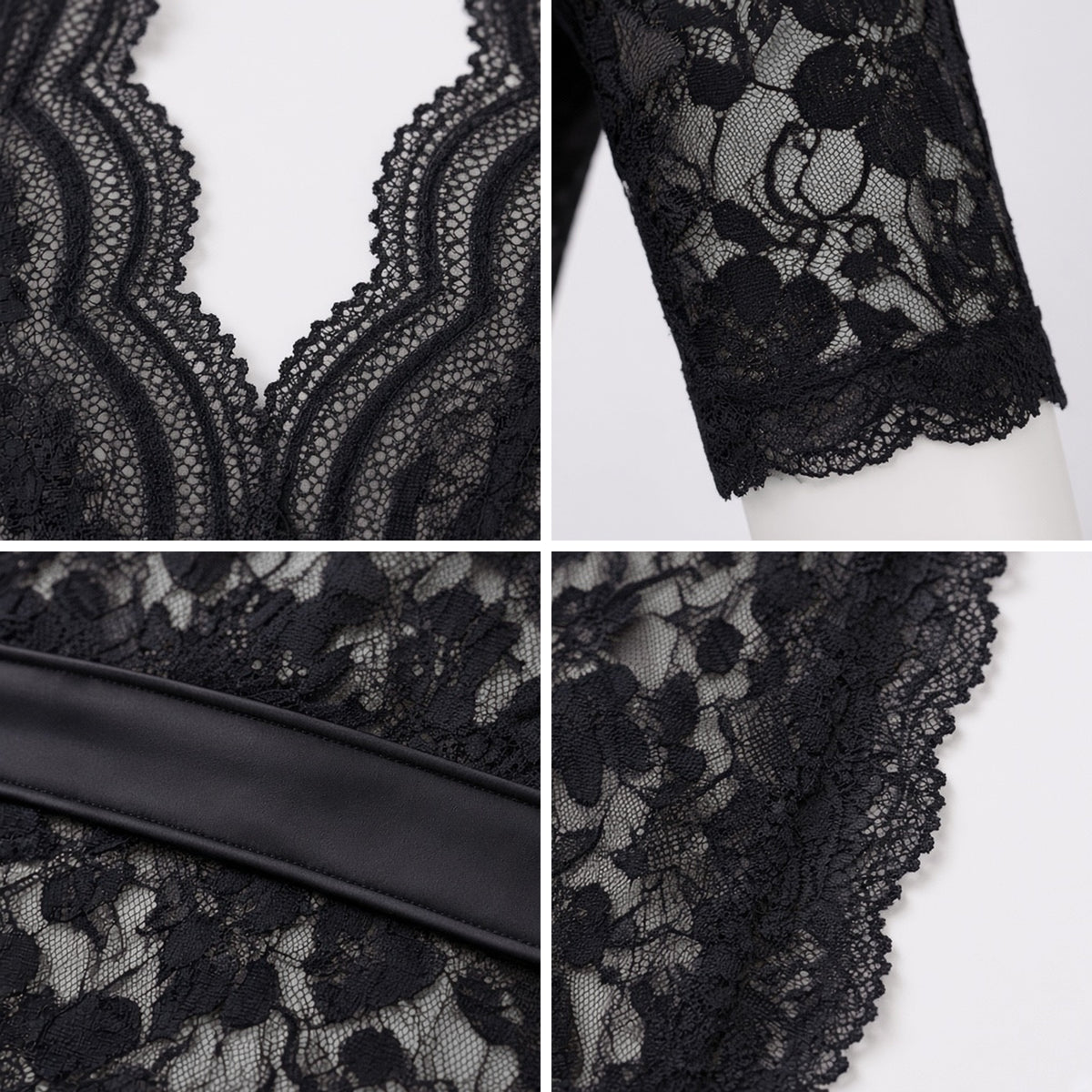 Fashionably Late Lace Gown in black lace, detail view