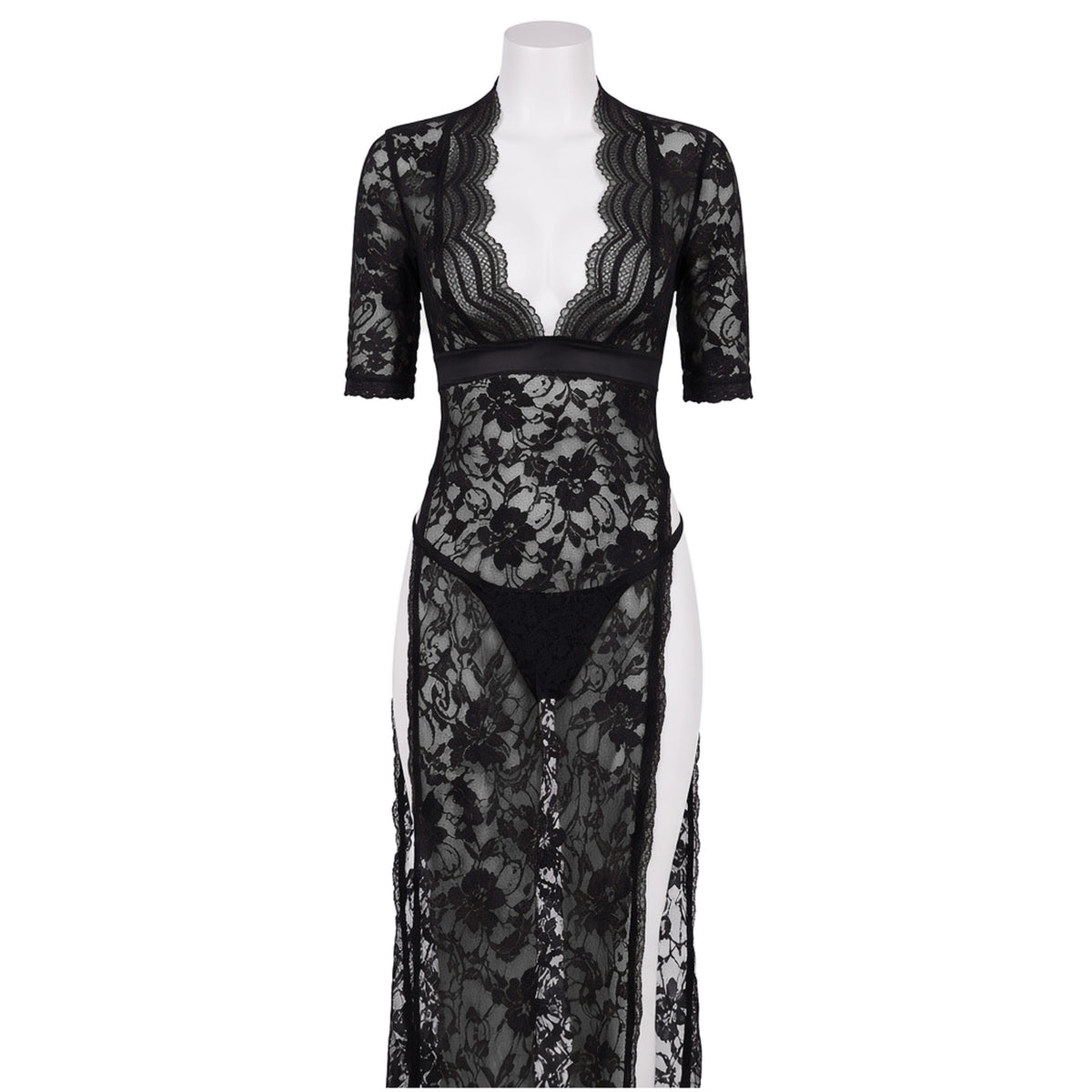 Fashionably Late Lace Gown in black lace, front view