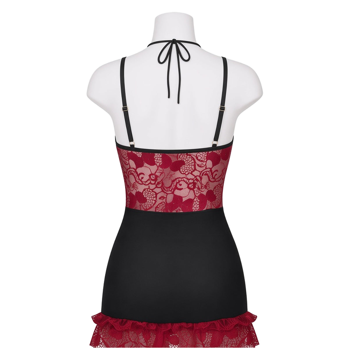 Frill Seeker Chemise in black with red lace, back view
