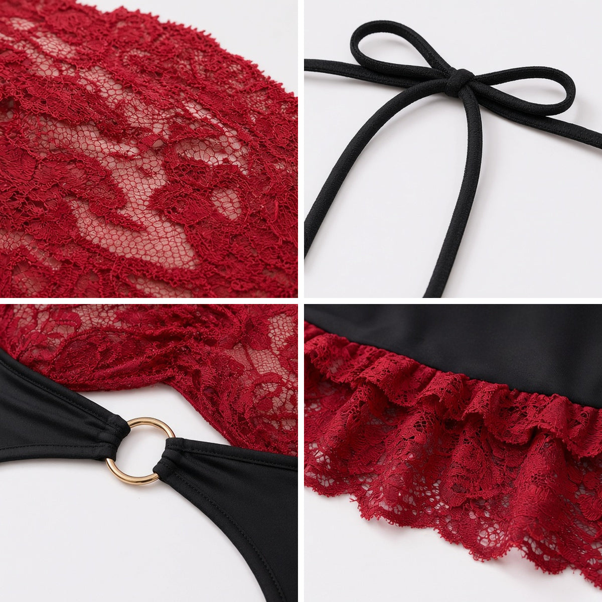 Frill Seeker Chemise in black with red lace, detail view
