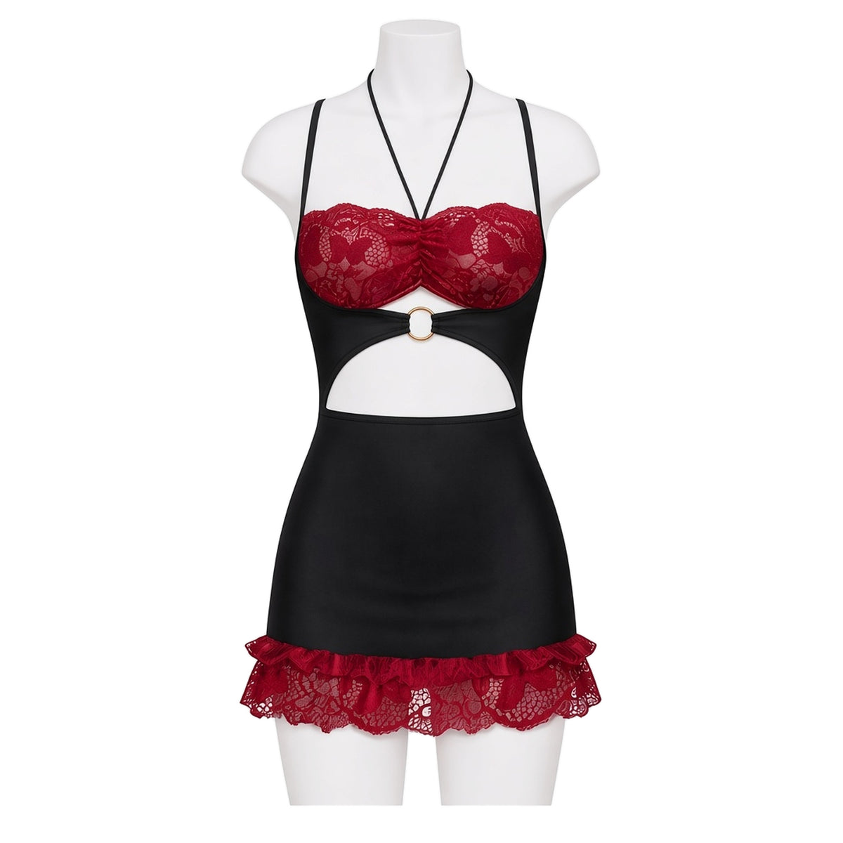 Frill Seeker Chemise in black with red lace, front view