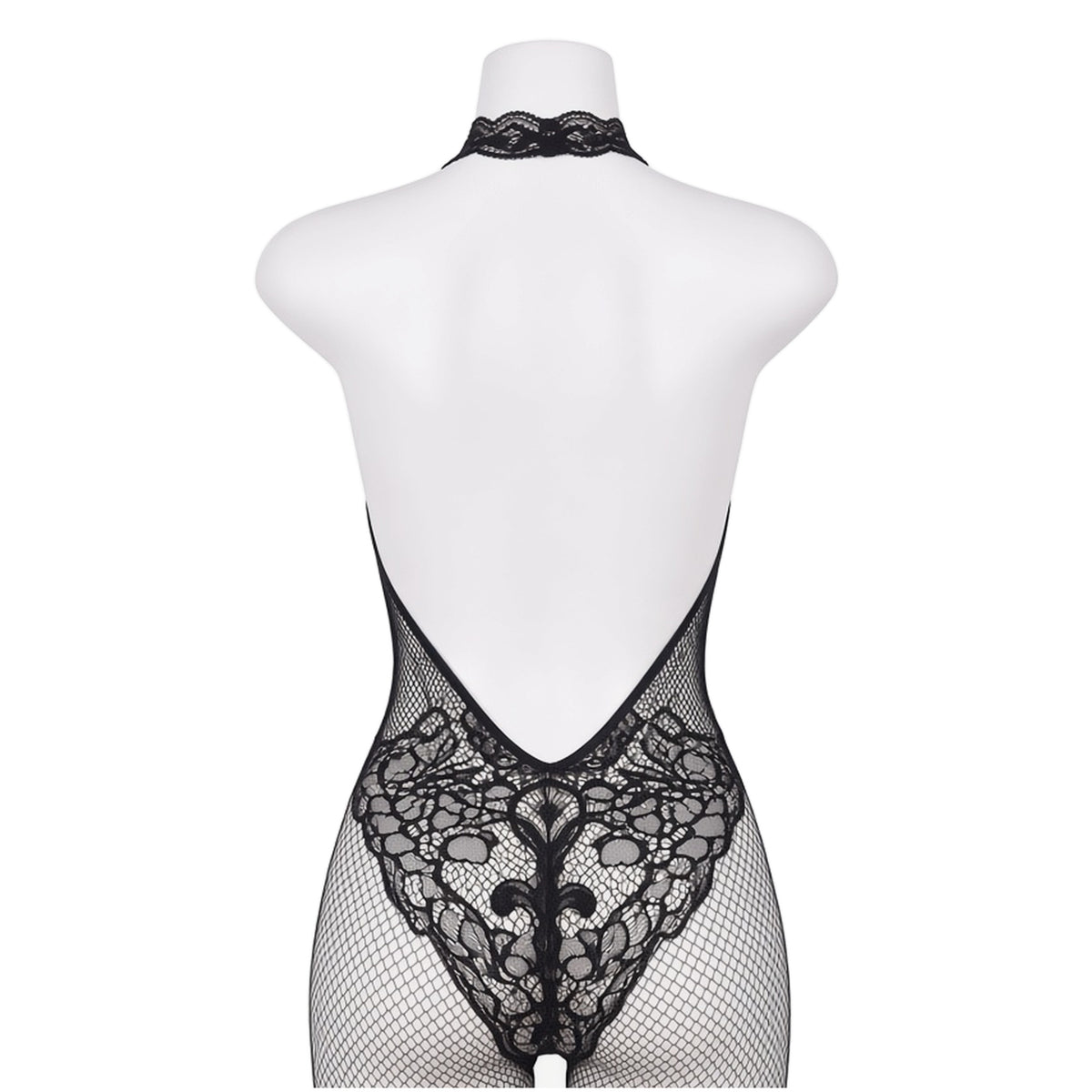 Full Disclosure Bodystocking in black fishnet and lace, back view