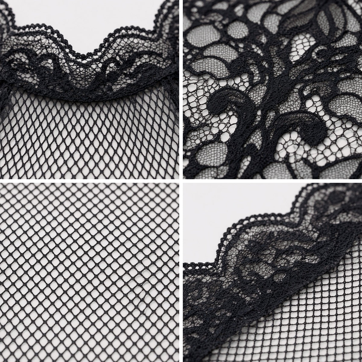 Full Disclosure Bodystocking in black fishnet and lace, detail view