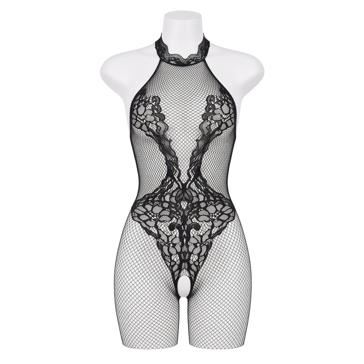 Full Disclosure Bodystocking in black fishnet and lace, front view