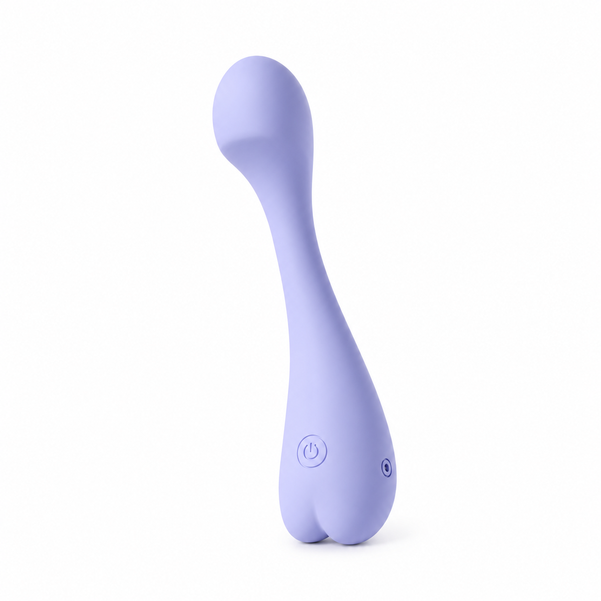 Heartthrob bendable wand vibrator in light purple, close-up of the heart-shaped base and button