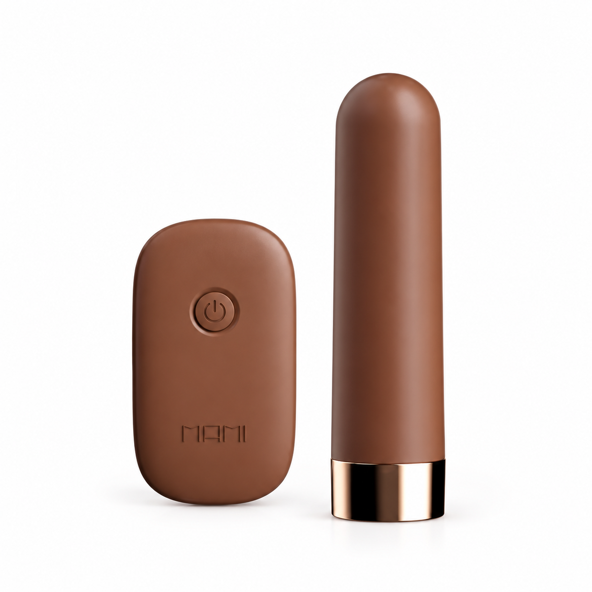 Little Lipstick Remote Bullet Vibrator in caramel with its matching wireless remote, without packaging.