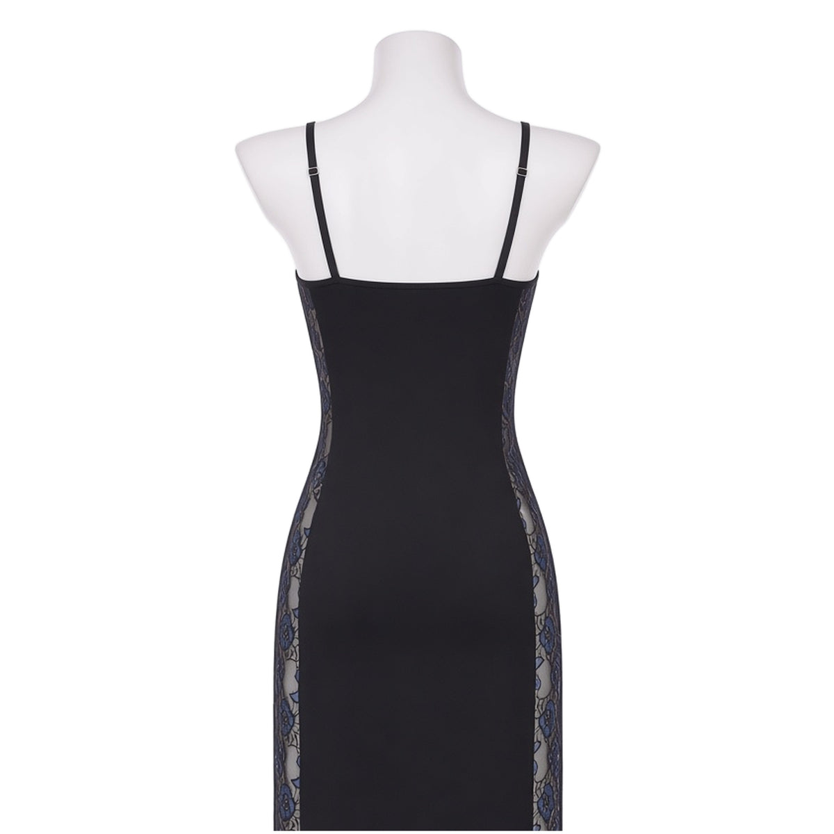 Mood Lighting Slip Dress in black with blue lace, back view