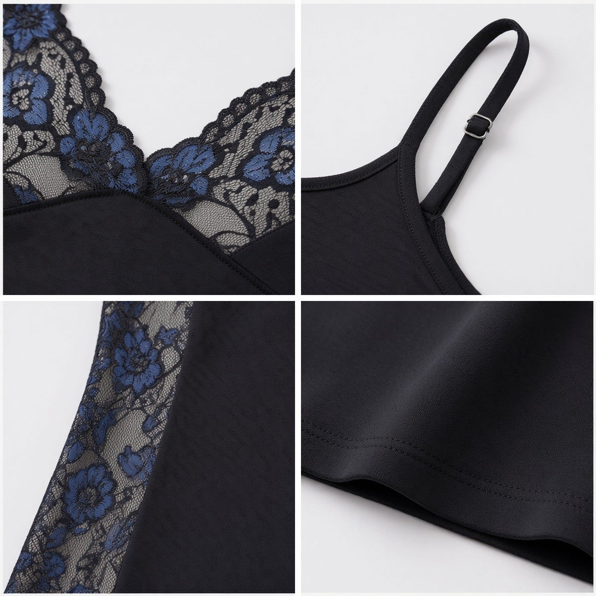 Mood Lighting Slip Dress in black with blue lace, detail view