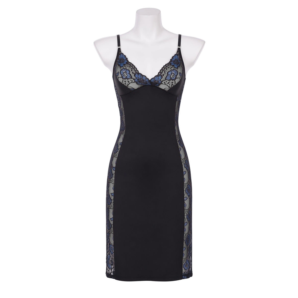Mood Lighting Slip Dress in black with blue lace, front view