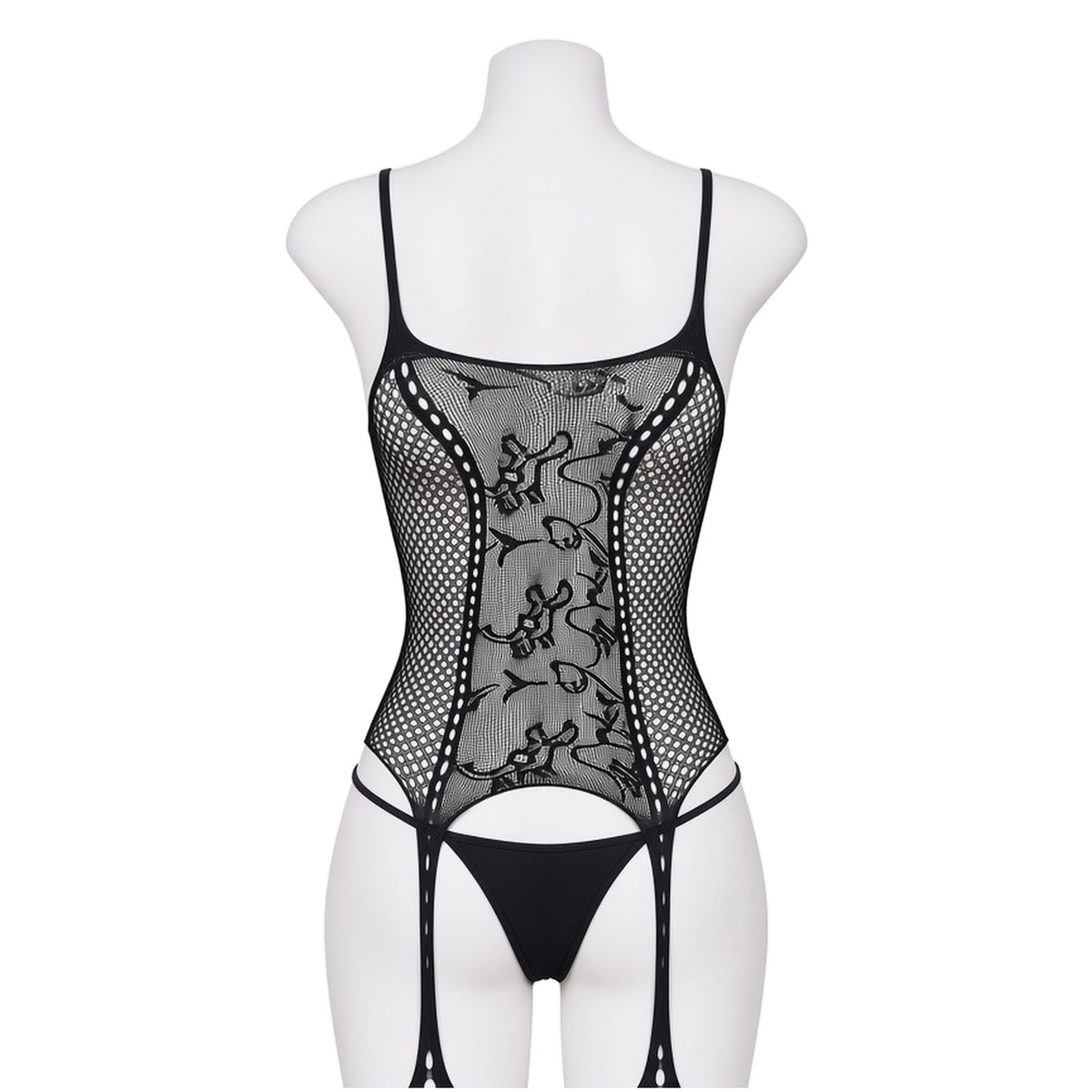 Net Gain Bodystocking in black fishnet, back view