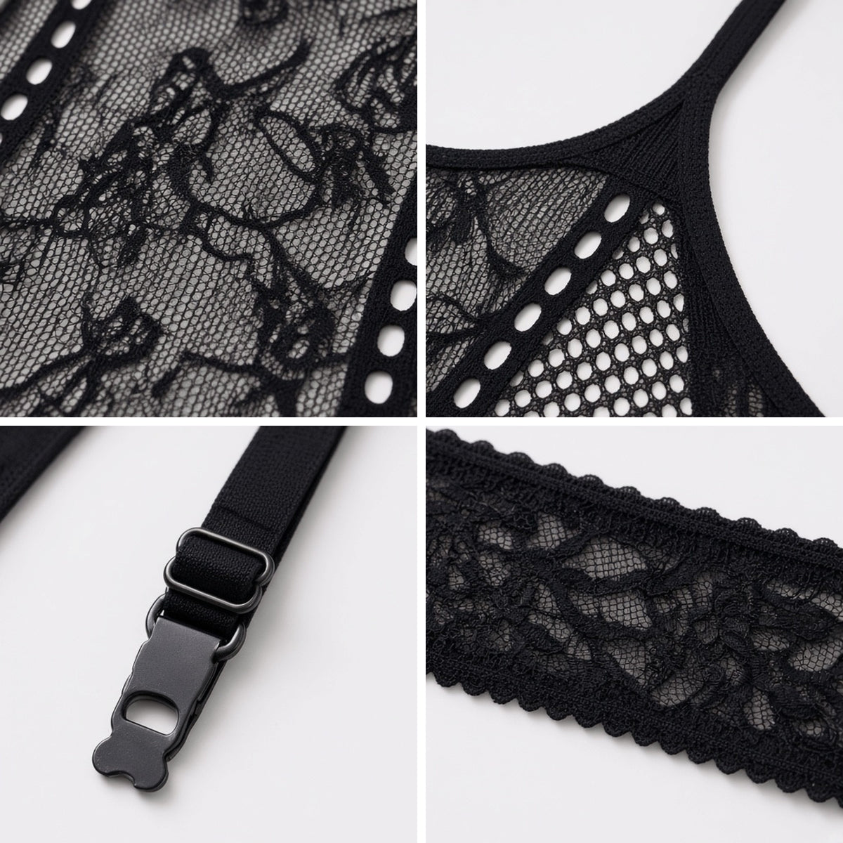 Net Gain Bodystocking in black fishnet, detail view