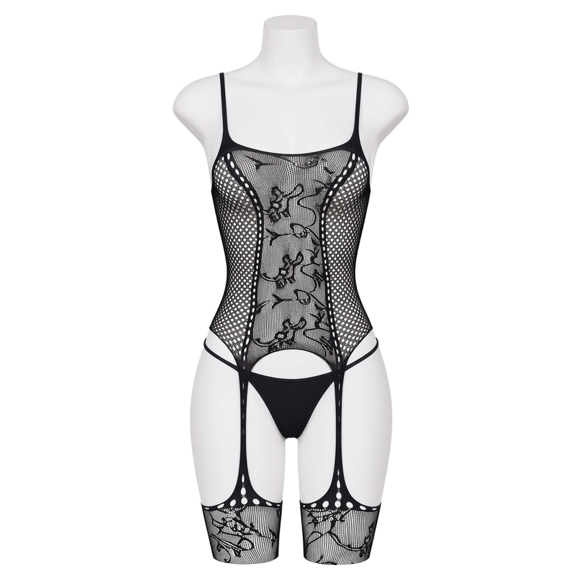 Net Gain Bodystocking in black fishnet, front view