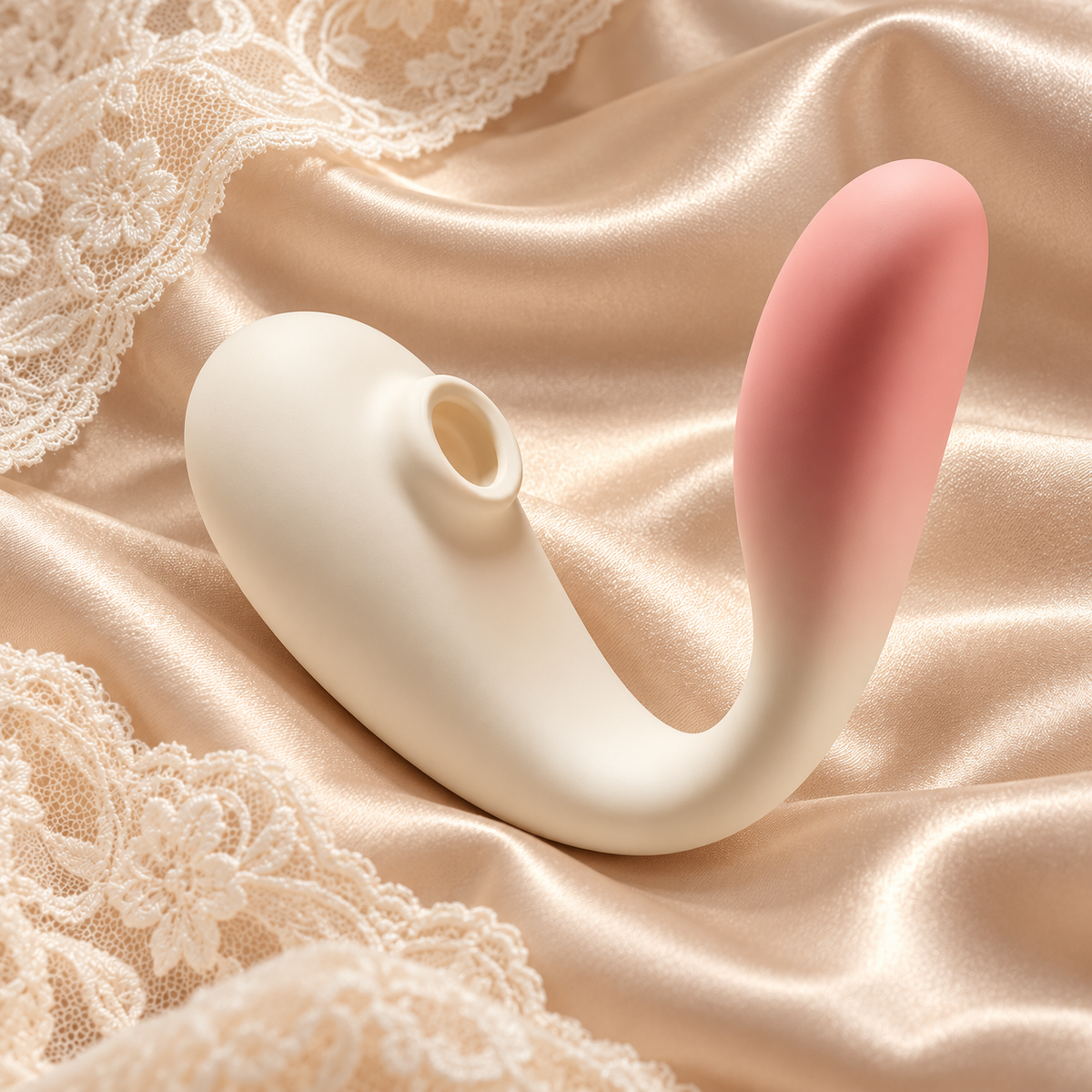 Peaches & Cream Suction Vibrator styled on satin and lace