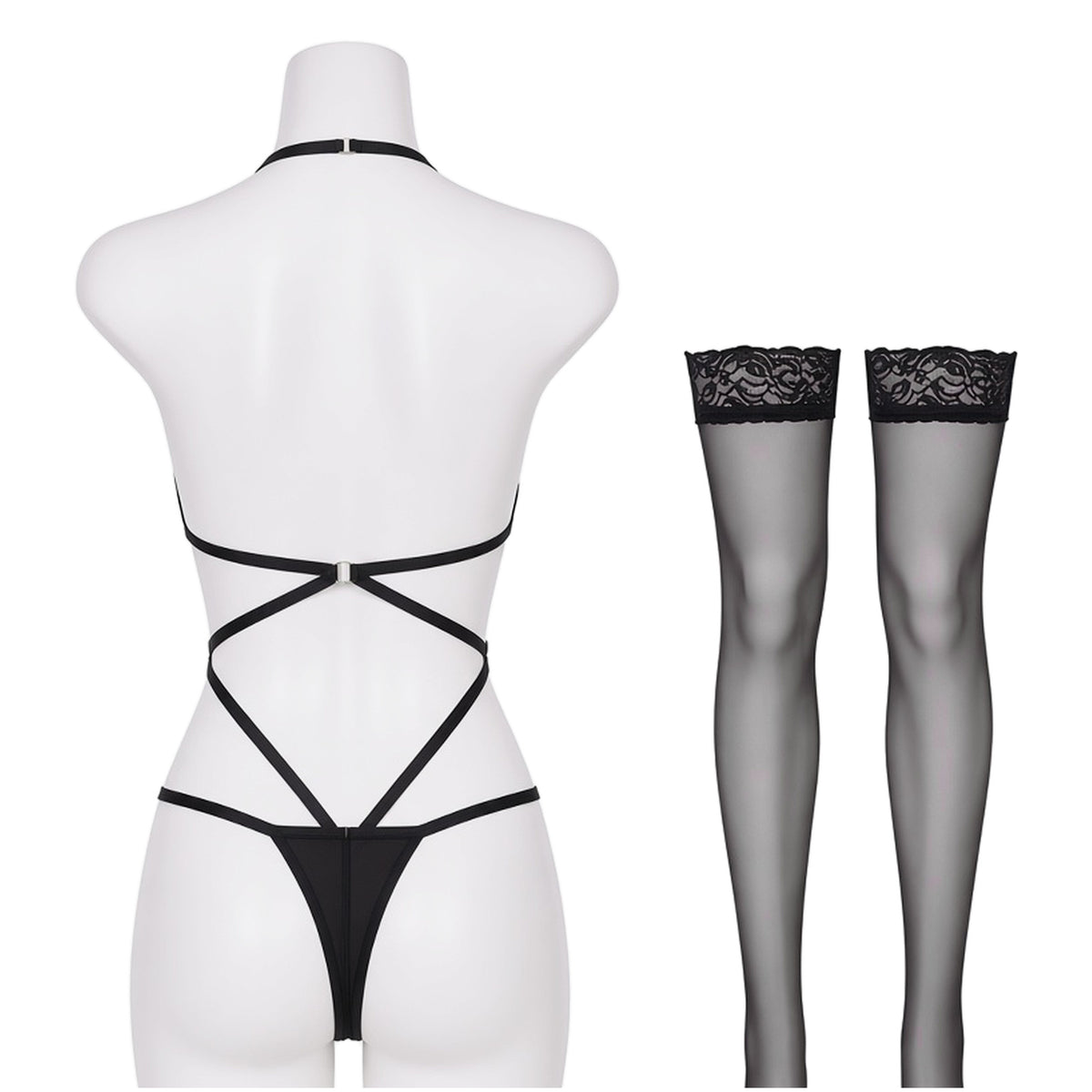 Ring Leader Lace Set in black lace with gold rings, back view