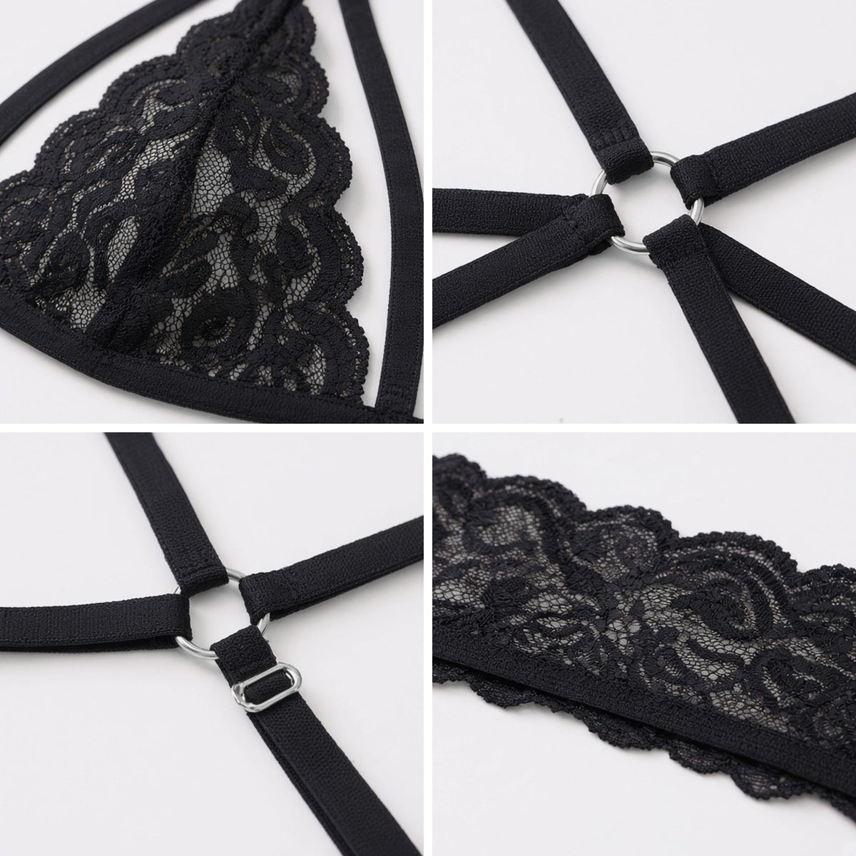 Ring Leader Lace Set in black lace with gold rings, detail view