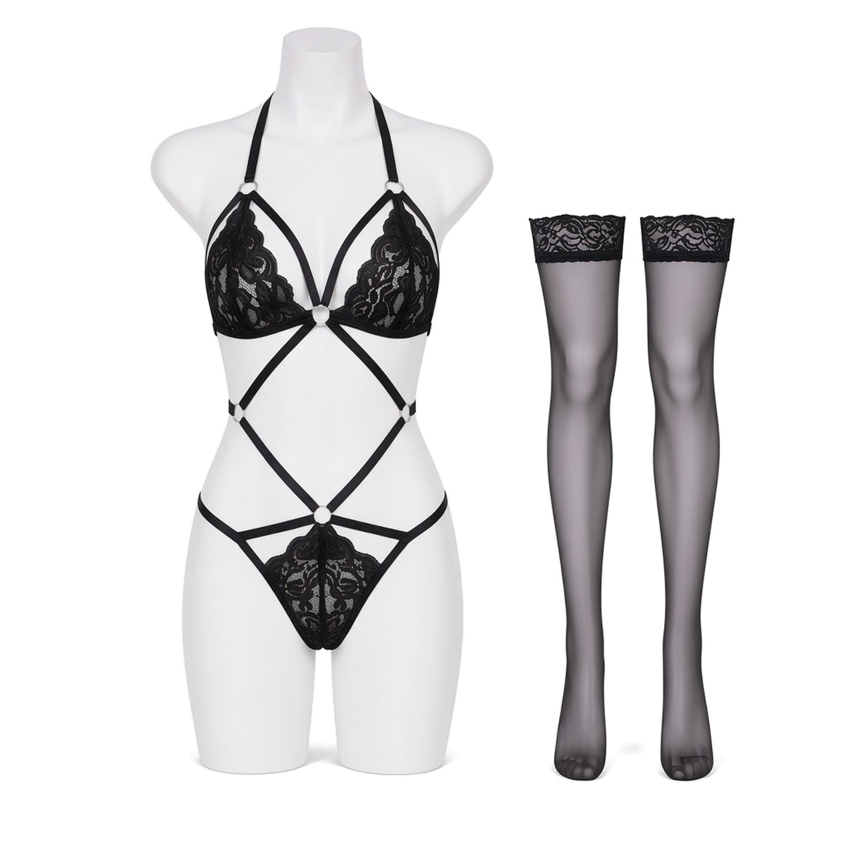 Ring Leader Lace Set in black lace with gold rings, front view