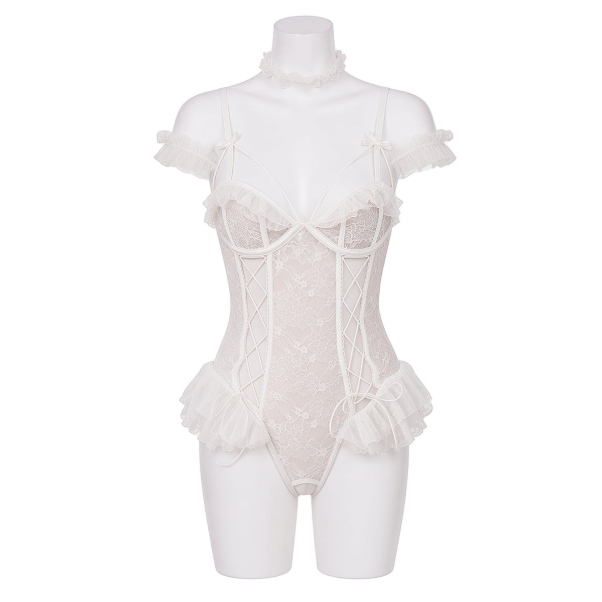 Sweet Tooth Ruffle Teddy in cream lace, front view