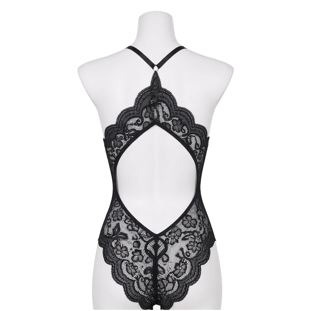 Take a Bow Lace Teddy in black lace, back view