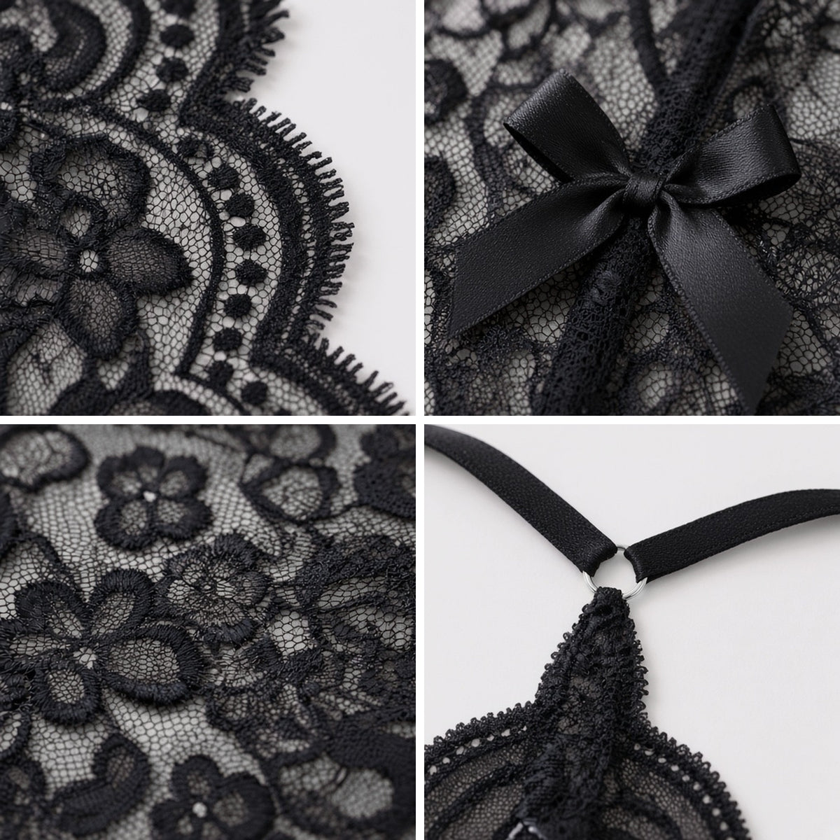 Take a Bow Lace Teddy in black lace, detail view