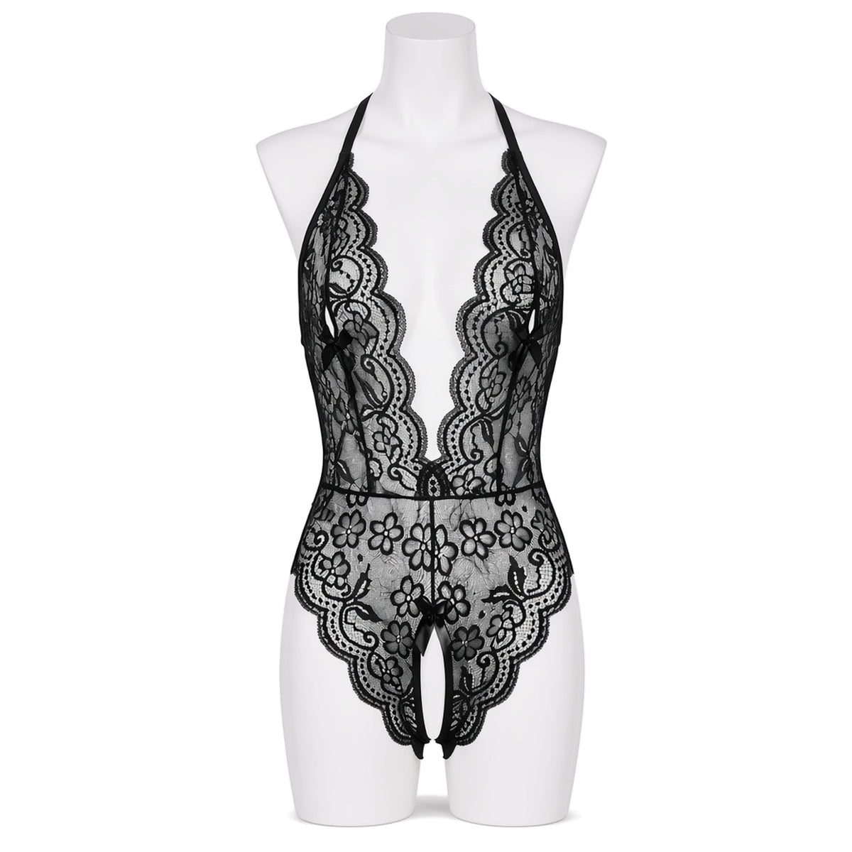 Take a Bow Lace Teddy in black lace, front view