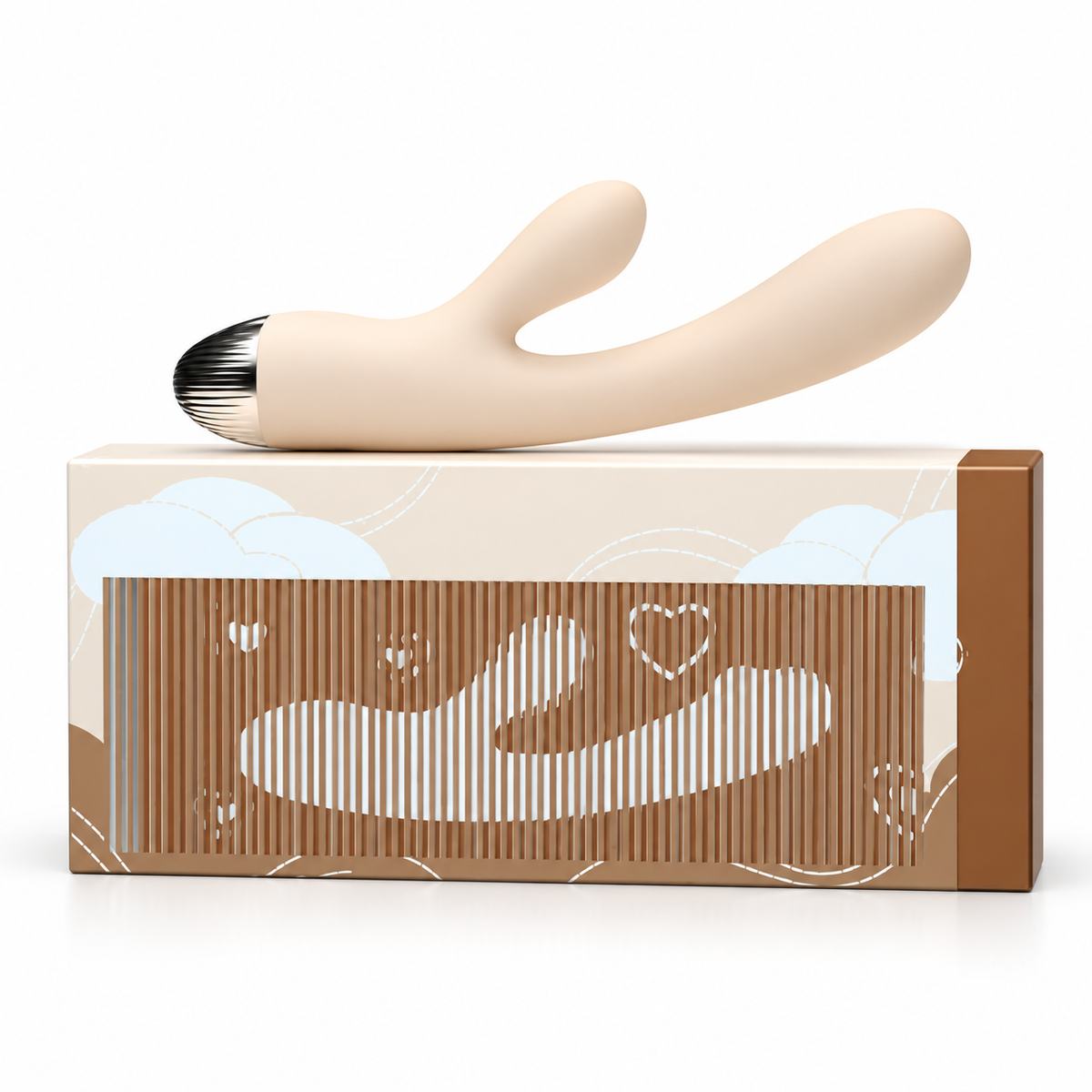 Teatime Duo Vibrator in milk tea beige, with its box