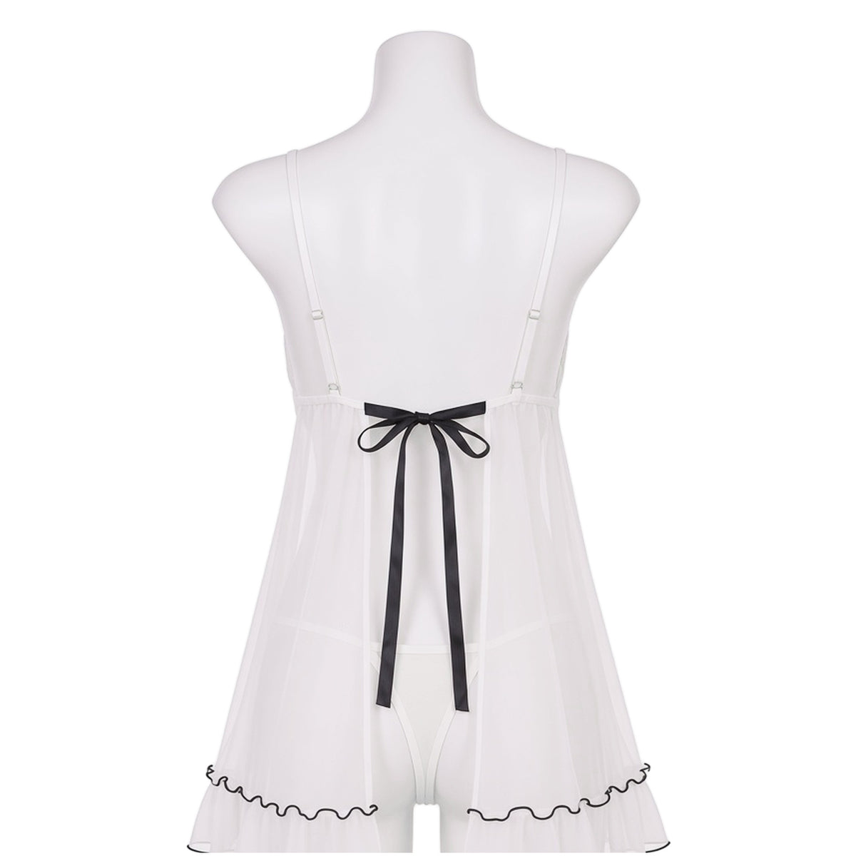 Tie Breaker Babydoll in white tulle with black trim, back view