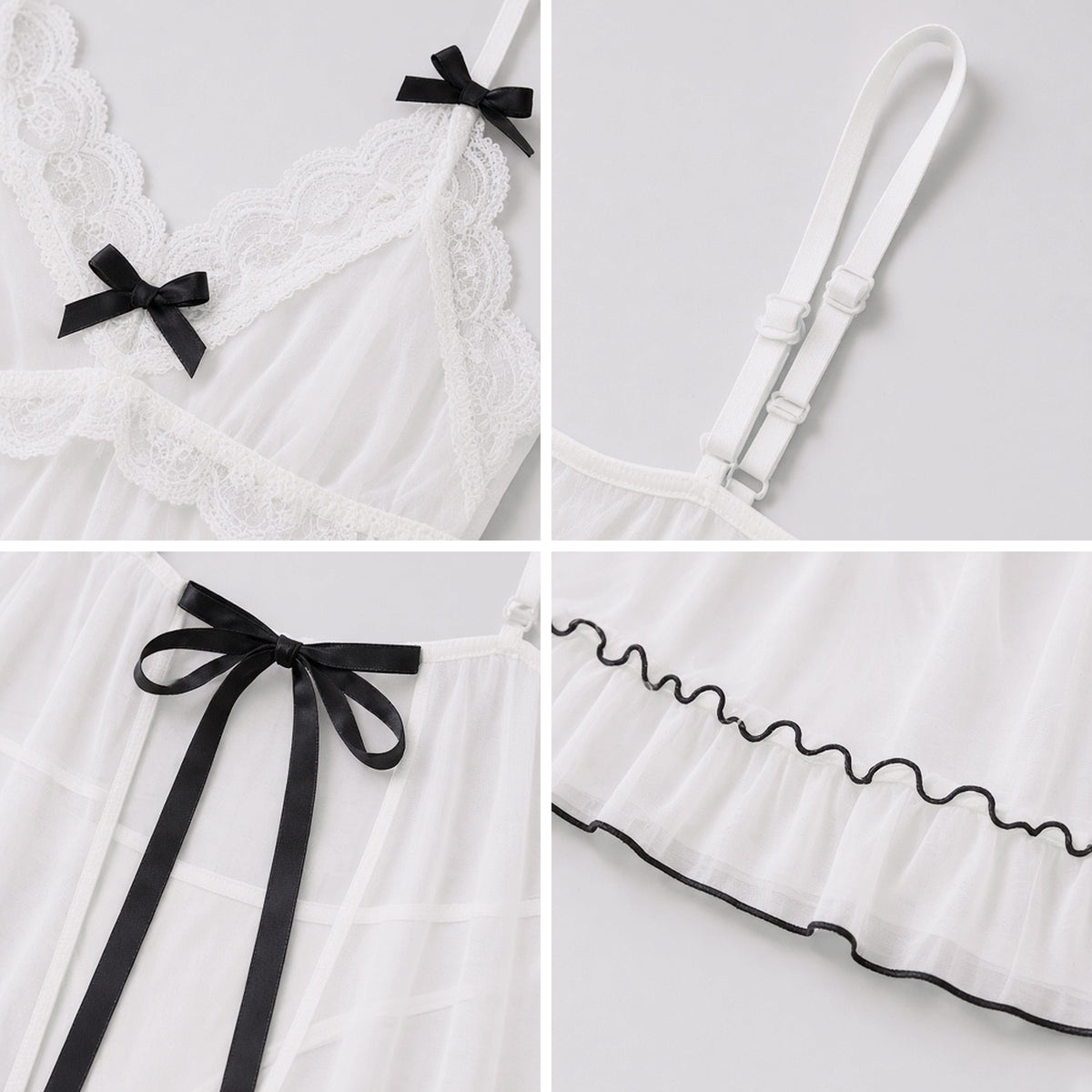 Tie Breaker Babydoll in white tulle with black trim, detail view