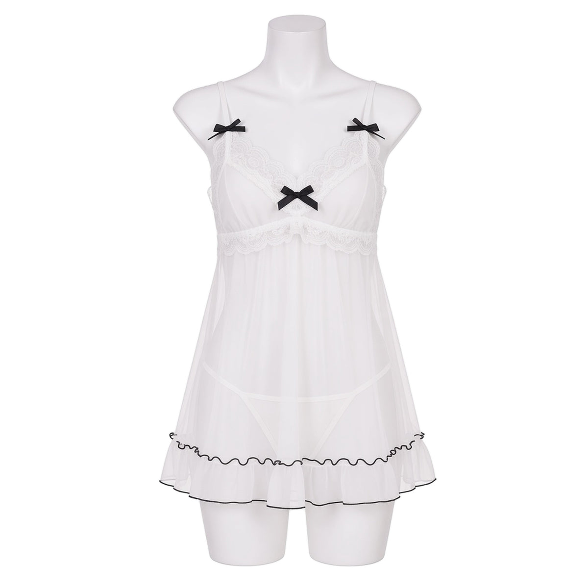 Tie Breaker Babydoll in white tulle with black trim, front view