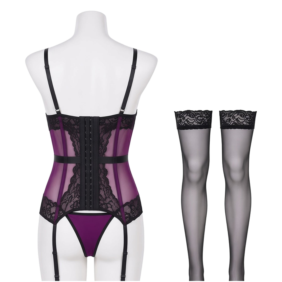 Tight Spot Corset Set in plum and black lace, back view