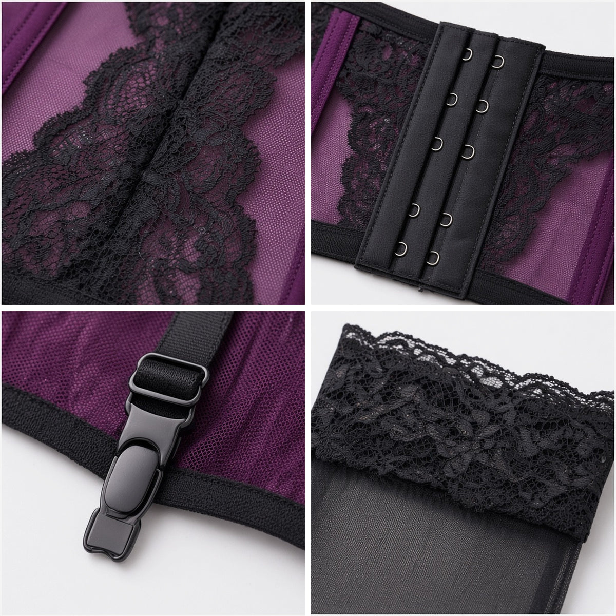 Tight Spot Corset Set in plum and black lace, detail view