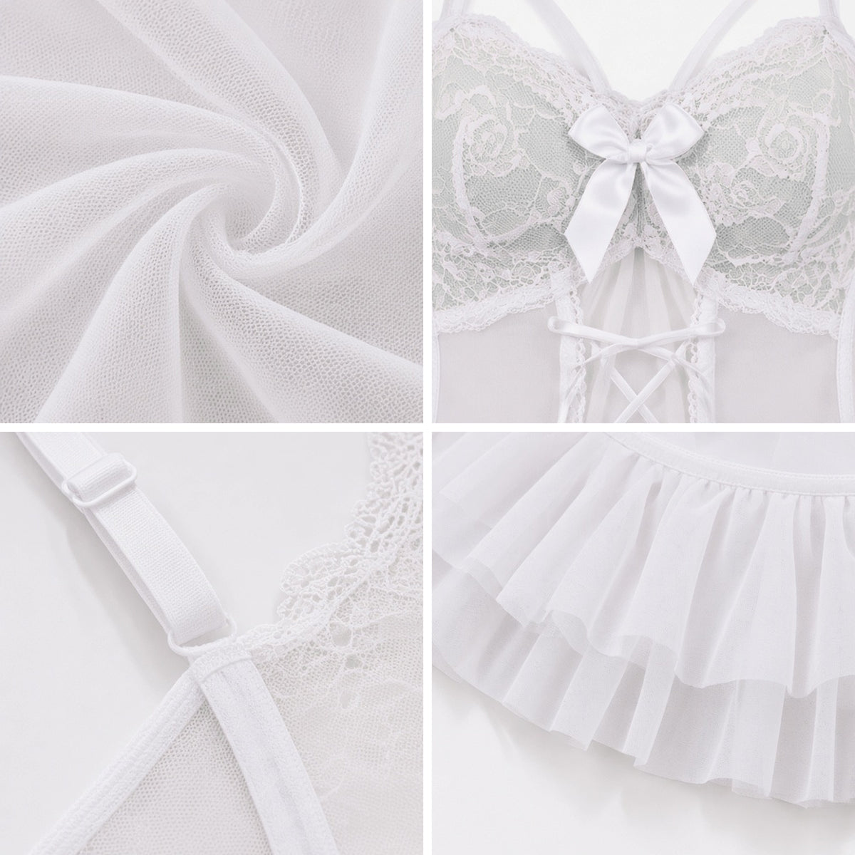 Unveiled Lace Bridal Set in white lace, detail view