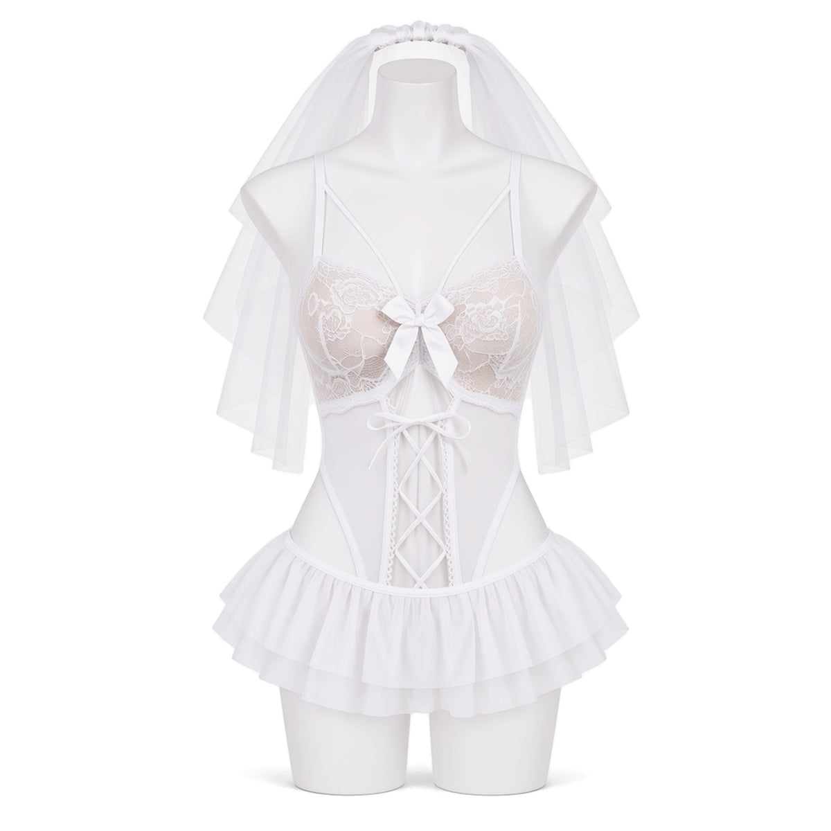 Unveiled Lace Bridal Set in white lace, front view