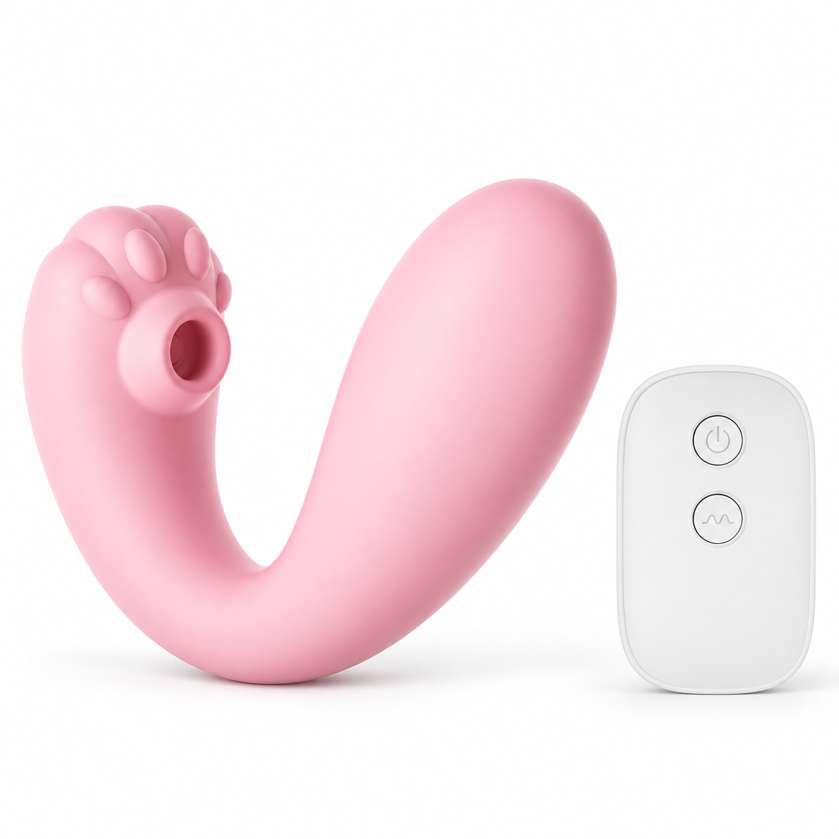 Velvet Paw Suction Vibrator in sakura pink with white two-button remote, on white