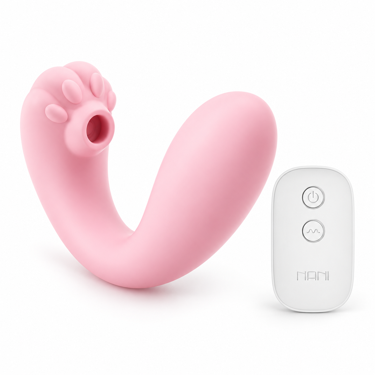 Velvet Paw Suction Vibrator, angled view with the white remote beside it