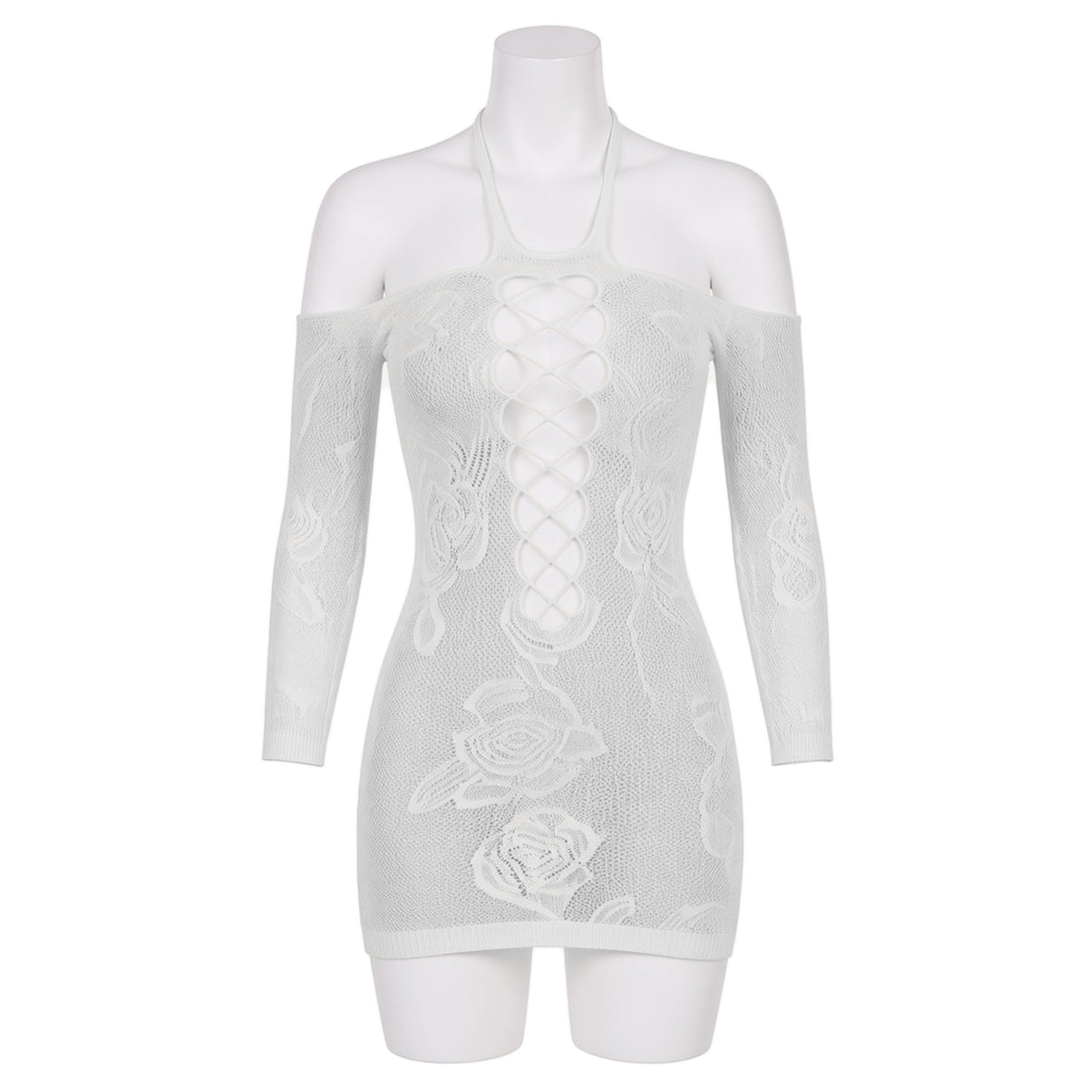 Wallflower Knit Dress in ivory open knit, front view